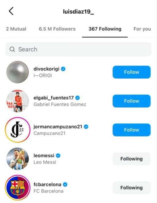 لويس دياز يتابع حساب برشلونة وليونيل ميسي