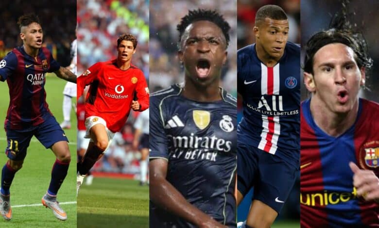 ليونيل ميسي- كيليان مبابي- فينيسيوس جونيور- كريستيانو رونالدو - نيمار