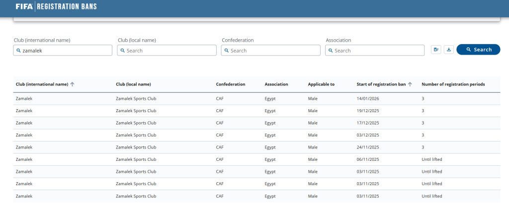 إيقاف قيد الزمالك للمرة التاسعة