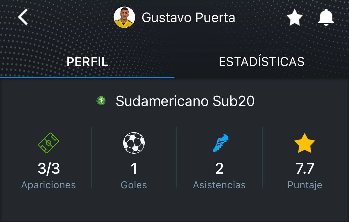 Los números de Gustavo Puerta en el Sudamericano Sub-20. Foto: 365Scores APP.