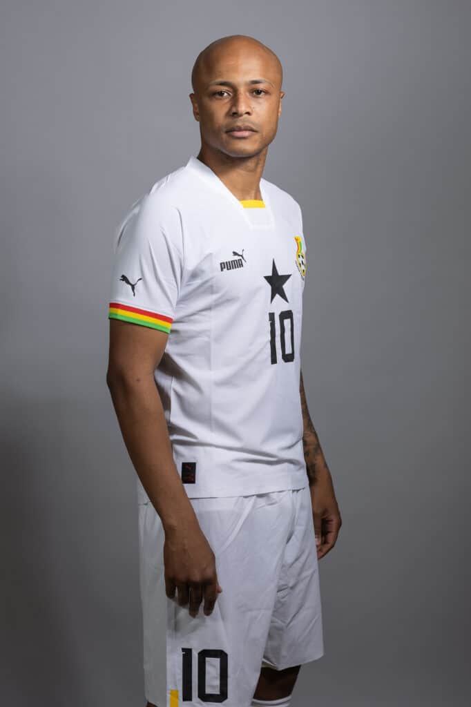 : Andre Ayew of Ghana poses during the official FIFA World Cup Qatar 2022 portrait session on November 20, 2022 in Doha, Qatar. (Photo by Patrick Smith - FIFA/