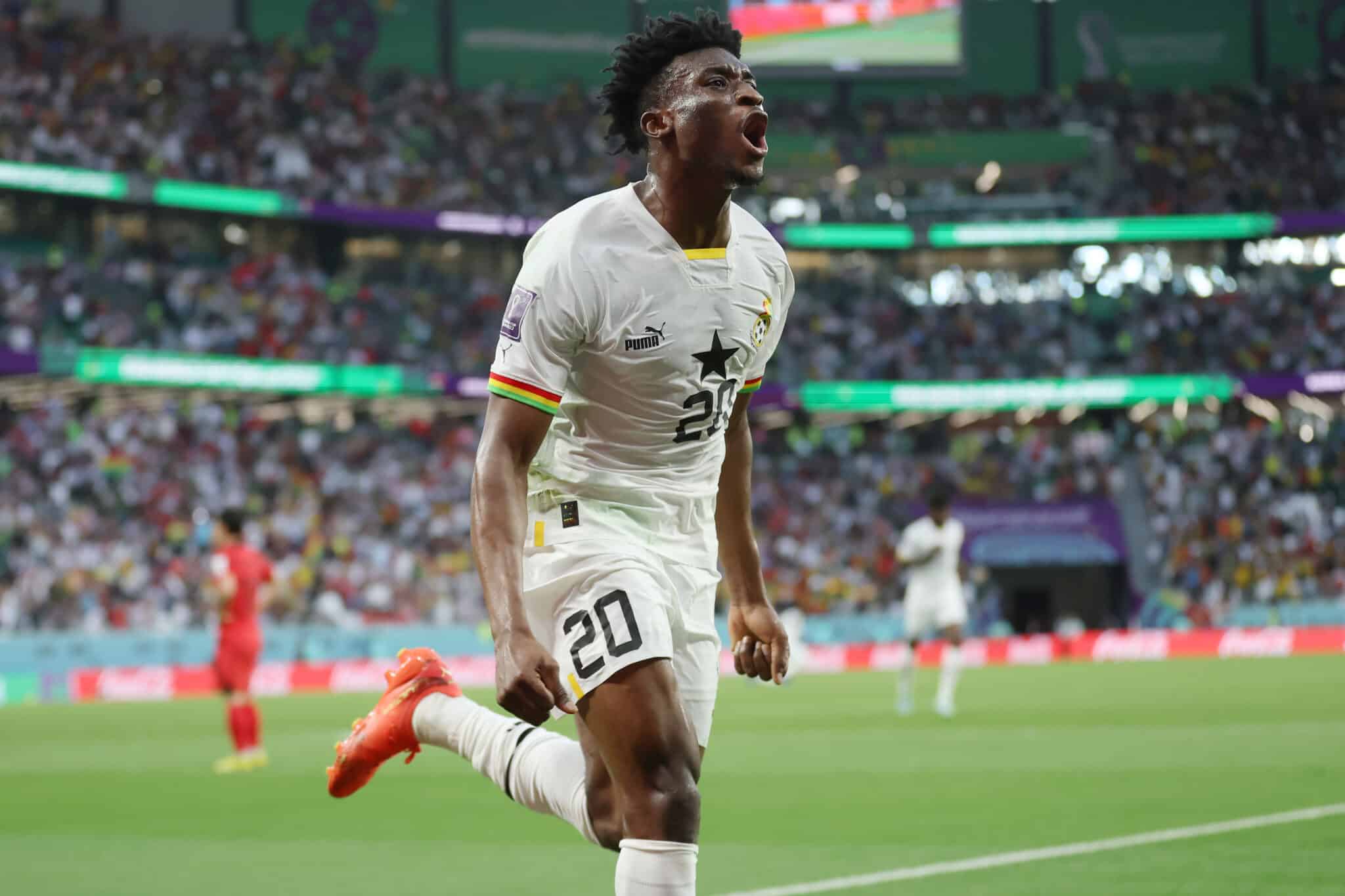 AL RAYYAN, QATAR - NOVEMBER 28: Mohammed Kudus of Ghana celebrates scoring their team's second goal during the FIFA World Cup Qatar 2022 Group H match between Korea Republic and Ghana at Education City Stadium on November 28, 2022 in Al Rayyan, Qatar. (Photo by Alex