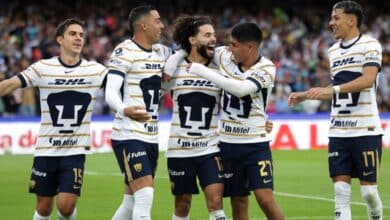 César Huerta de los Pumas festeja un gol con sus compañeros en el Apertura 2024. Pumas vs Austin Monterrey vs Pumas Seattle Sounders vs Pumas