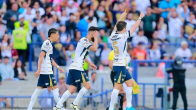 Jugadores de Pumas celebran un gol de Ulises Rivas en un partido realizado en el estadio Olímpico Universitario en el Apertura 2024 de la Liga MX. Pumas vs Austin Seattle Sounders vs Pumas Pumas vs Tigres