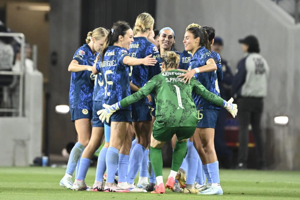 Jugadoras del America Femenil celebran su gol en el partido vs San Diego Wave en la Summer Cup 2024 León vs América, Liga MX Femenil