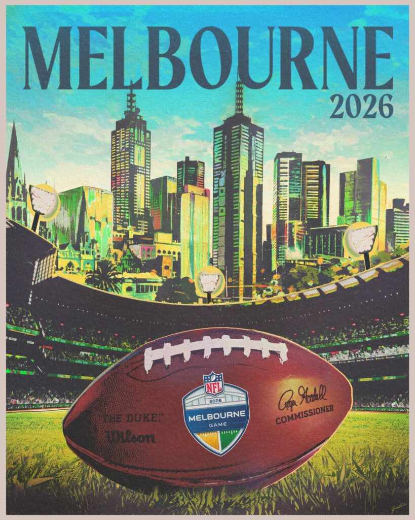 El poster de la NFL oficializado el partido en Melbourne en 2026.