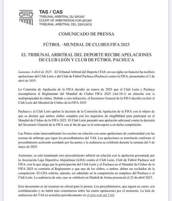 leon al mundial de clubes y el comunicado del tas