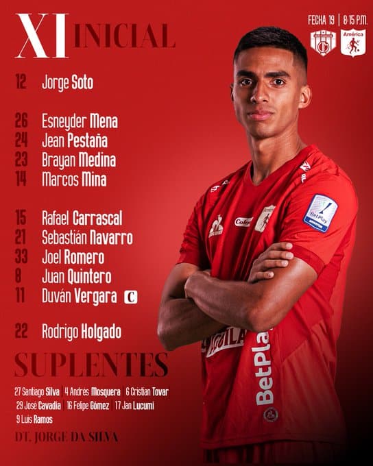 El XI titular de América de Cali hoy vs Unión Magdalena. 