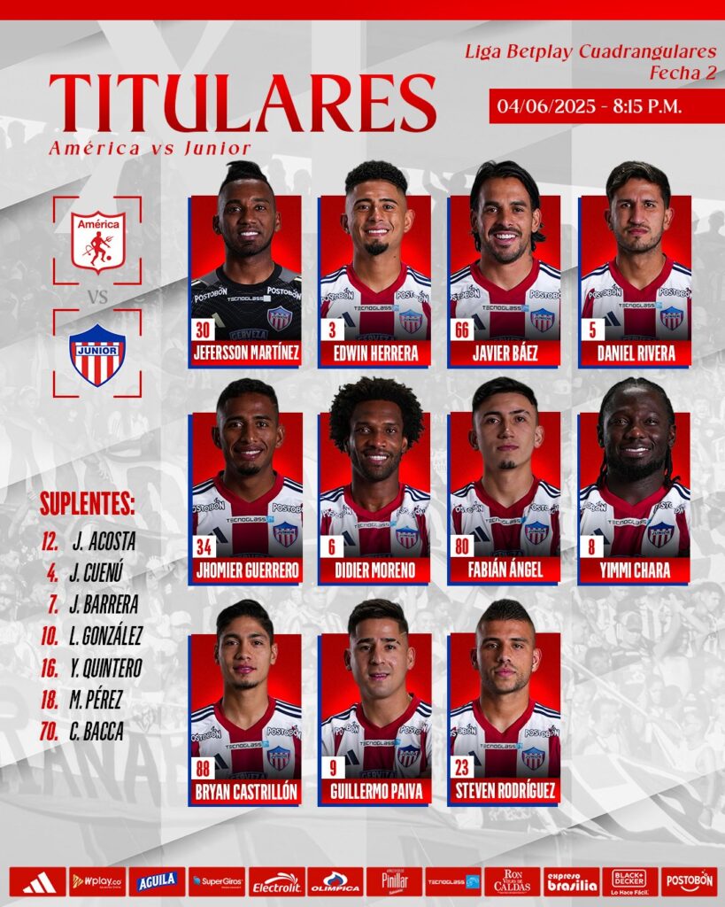 El XI titular de Junior para jugar vs América de Cali