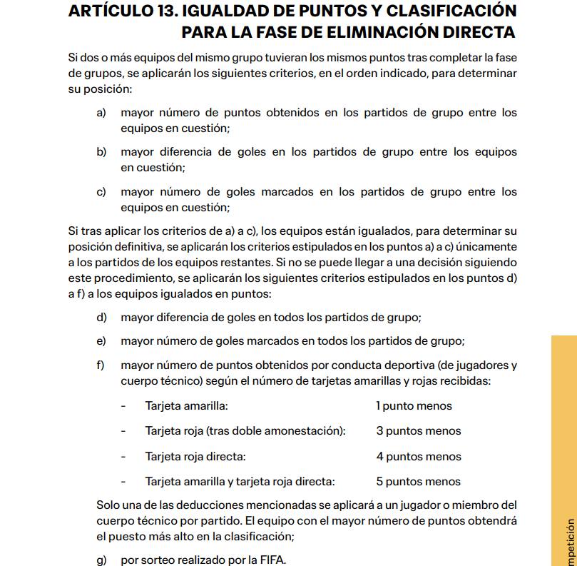 El artículo 13 de la FIFA clarifica la situación en caso de igualdad de puntos. 