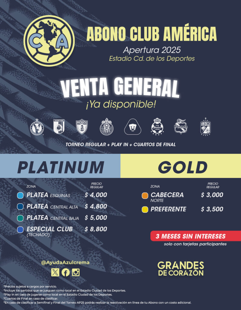 Los precios de los abonos para los aficionados del Club América.