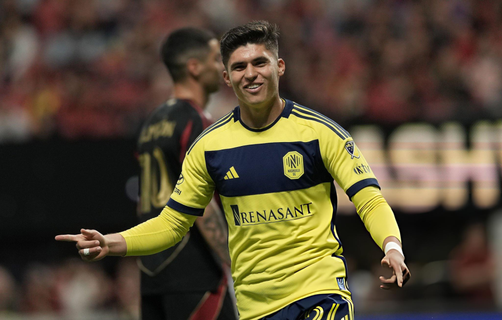 ATLANTA, GEORGIA - MAY 03: Jonathan Pérez #24 of Nashville SC celebrates after teammate Daniel Lovitz #2 (not in frame) scoring the team's first goal during the MLS match between Atlanta United and Nashville SC at Mercedes-Benz Stadium on May 03, 2025 in Atlanta, Georgia. (Photo by Chris Daniels Nashville SC/MLS via Getty Images)

