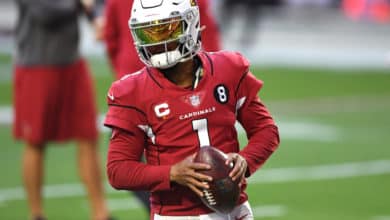 GLENDALE, ARIZONA - DECEMBER 26: Quarterback Kyler Murray #1 of the Arizona Cardinals runs a drill during warmups before the game against the San Francisco 49ers at State Farm Stadium on December 26, 2020 in Glendale, Arizona.