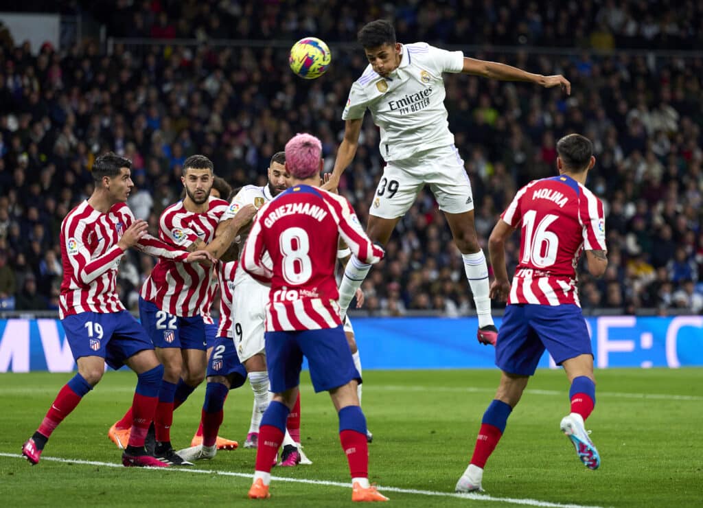 MADRID, SPAIN - FEBRUARY 25: Alvaro Rodriguez of Real Madrid CF scoring his team's first goal during the LaLiga Santander match between Real Madrid CF and Atletico de Madrid at Estadio Santiago Bernabeu on February 25, 2023 in Madrid, Spain. 