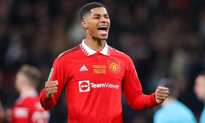Marcus Rashford of Manchester United celebrates after the Carabao Cup Final