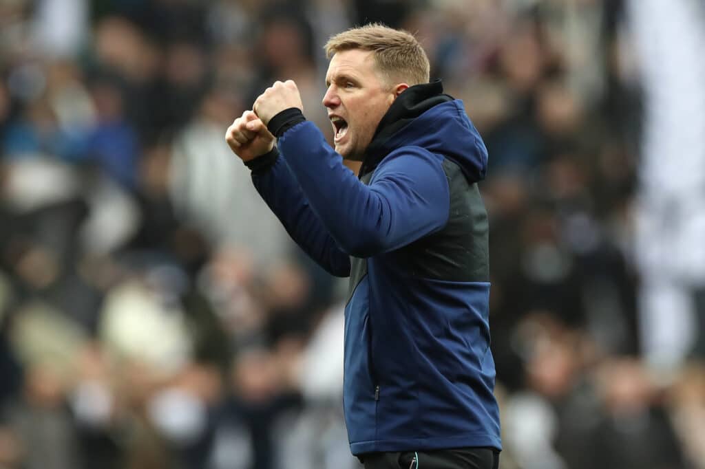 NEWCASTLE UPON TYNE, ENGLAND - MARCH 05: Eddie Howe, Manager of Newcastle United celebrates with fans after their sides victory during the Premier League match between Newcastle United and Brighton & Hove Albion at St. James Park on March 05, 2022 in Newcastle upon Tyne, England. 