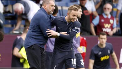 Tottenham Hotpsur manager Ange Postecoglou and James Maddison after the final whistle of the Premier League match