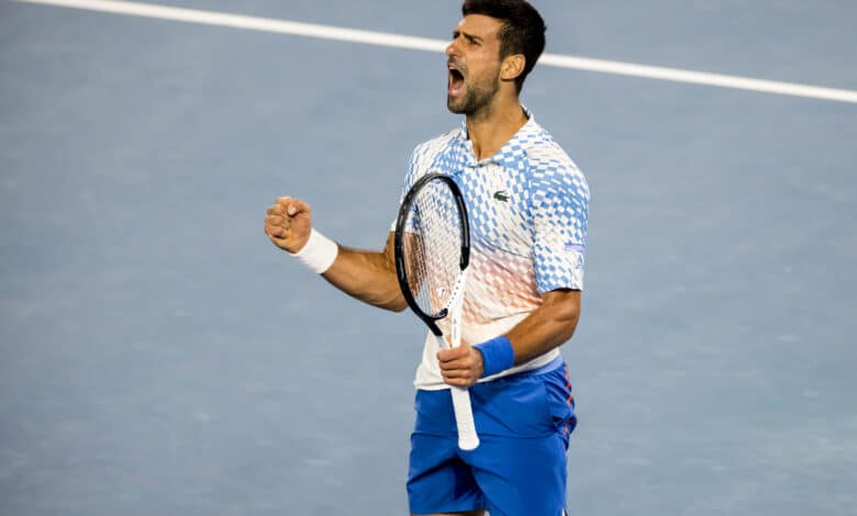 MELBOURNE, VIC - JANUARY 25: Novak Djokovic of Serbia celebrates during the Quarterfinals of the 2023 Australian Open on January 25 2023, at Melbourne Park in Melbourne, Australia.