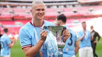 Erling Haaland of Manchester City celebrates with the FA Cup Trophy after the team's victory during the Emirates FA Cup Final between City and Manchester United at Wembley Stadium. if he plays in the FA Cup semi-finals, he'll be looking to strike gold.