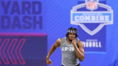 Dallas Turner #LB26 of Alabama participates in the 40-yard dash during the NFL Combine.