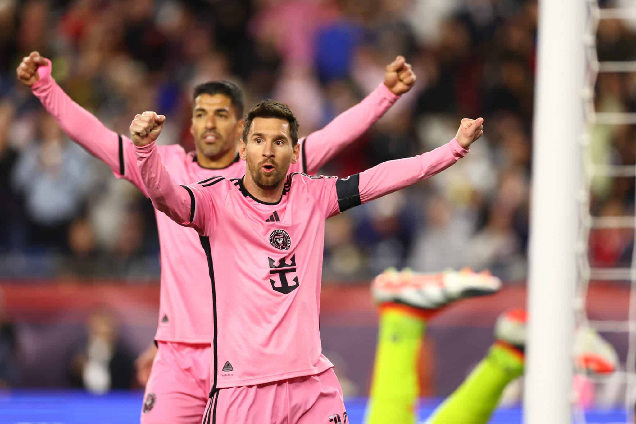 Luis Suárez #9 and Lionel Messi #10 of Inter Miami celebrate the goal of Benjamin Cremaschi #30 during the second half in the game against the New England Revolution at Gillette Stadium on April 27, 2024 in Foxborough, Massachusetts.