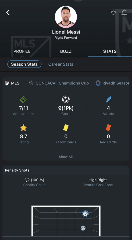 Lionel Messi player profile on 365Scores app