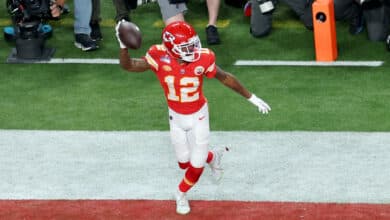 LAS VEGAS, NEVADA - FEBRUARY 11: Mecole Hardman Jr. #12 of the Kansas City Chiefs celebrates after catching the game-winning touchdown in overtime to defeat the San Francisco 49ers 25-22 during Super Bowl LVIII at Allegiant Stadium on February 11, 2024 in Las Vegas, Nevada.