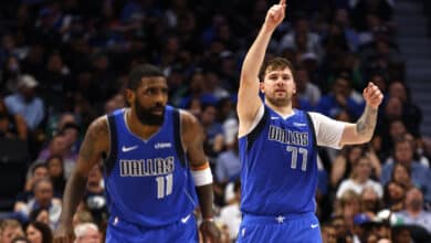 DALLAS, TX - APRIL 4: Luka Doncic #77 of the Dallas Mavericks and Kyrie Irving #11 of the Dallas Mavericks react against the Atlanta Hawks in the second half at American Airlines Center on April 4, 2024 in Dallas, Texas. NOTE TO USER: User expressly acknowledges and agrees that, by downloading and or using this photograph, User is consenting to the terms and conditions of the Getty Images License Agreement.
