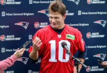 Foxborough, MA - May 11: New England Patriots QB Drake Maye talks with the media at the team's 2024 Rookie Mini-Camp.
