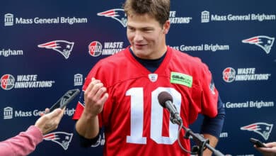 Foxborough, MA - May 11: New England Patriots QB Drake Maye talks with the media at the team's 2024 Rookie Mini-Camp.