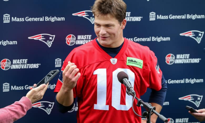 Foxborough, MA - May 11: New England Patriots QB Drake Maye talks with the media at the team's 2024 Rookie Mini-Camp.