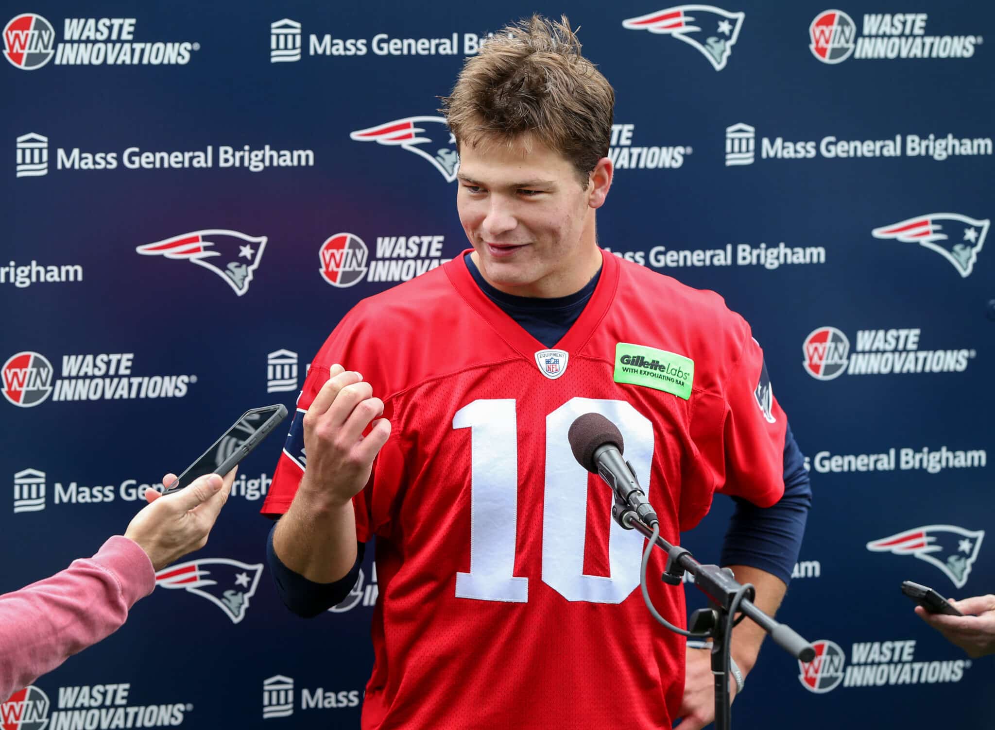 Foxborough, MA - May 11: New England Patriots QB Drake Maye talks with the media at the team's 2024 Rookie Mini-Camp.