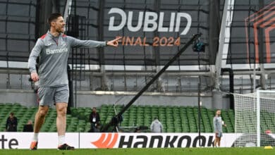 DUBLIN, IRELAND - MAY 21: Xabi Alonso, Head Coach of Bayer Leverkusen, gives the team instructions during a training session ahead of their UEFA Europa League 2023/24 final match against Atalanta BC at Dublin Arena on May 21, 2024 in Dublin, Ireland.