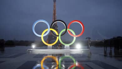 PARIS, FRANCE - SEPTEMBER 13: The unveiling of the Olympic rings on the esplanade of Trocadero in front of the Eiffel tower after the official announcement of the attribution of the Olympic Games 2024 to the city of Paris on September 13, 2017 in Paris, France. For the first time in history, the International Olympic Committee (IOC) confirms two summer Games host cities at the same time, Paris will host the Olympic Games in 2024 and Los Angeles in 2028.