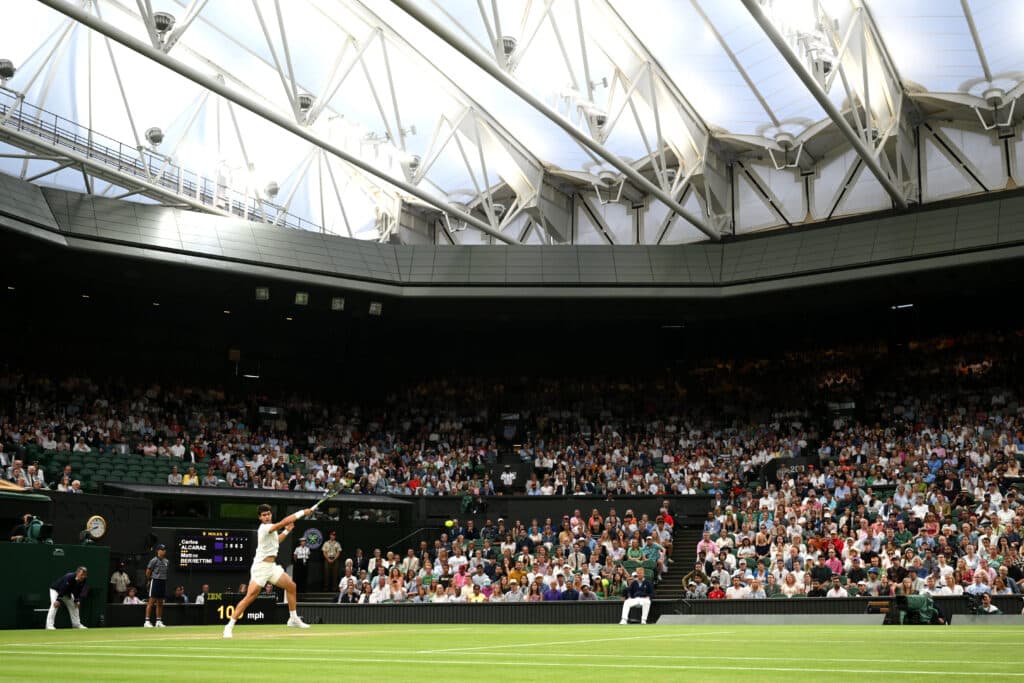 A general view of the shut roof during the Men's Singles fourth round match between Carlos Alcaraz of Spain and Matteo Berrettini of Italy on day eight of The Championships Wimbledon 2023 at All England Lawn Tennis and Croquet Club on July 10, 2023 in London, England. 