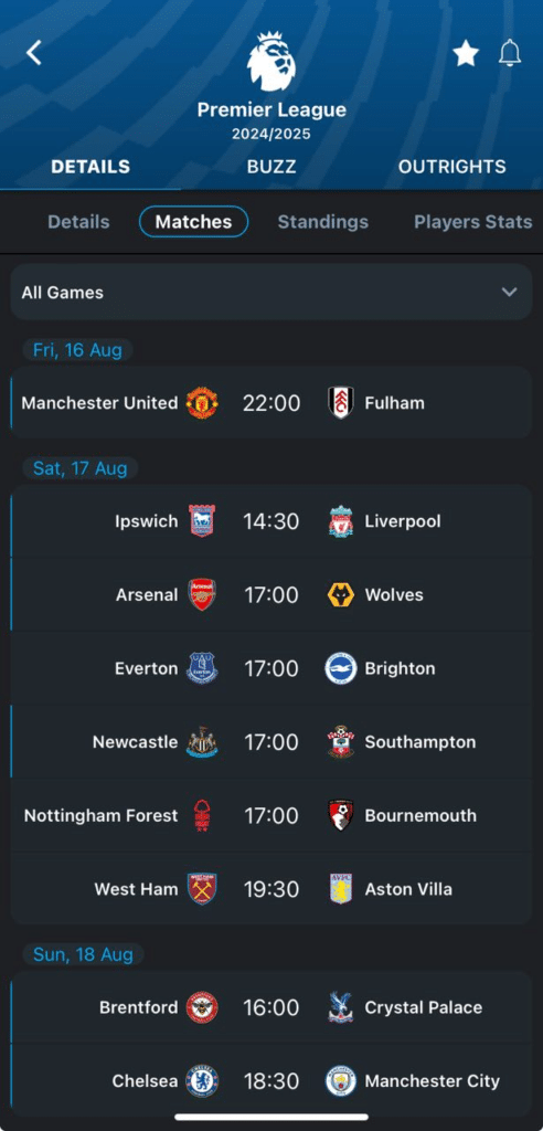 The Premier League 2024/2025 fixtures on 365Scores Premier League page
