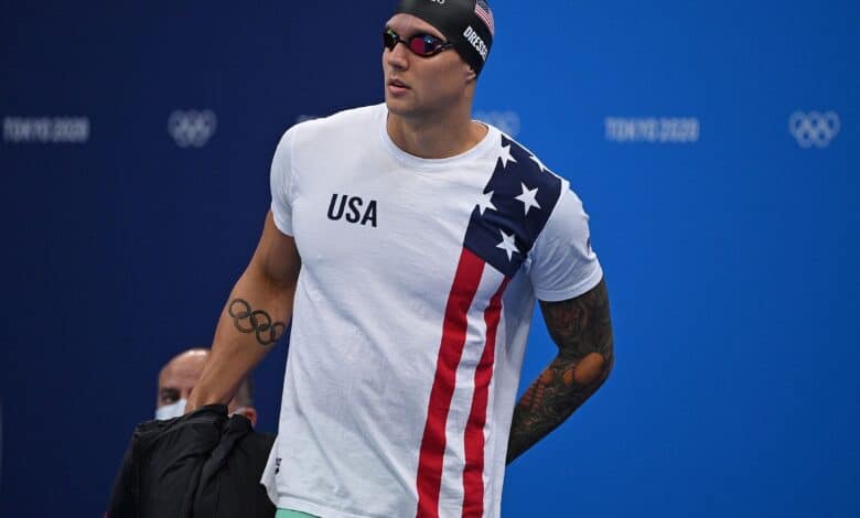 USA's Caeleb Dressel prepares to compete in a heat for the men's 50m freestyle swimming event during the Tokyo 2020 Olympic Games at the Tokyo Aquatics Centre in Tokyo on July 30, 2021.
