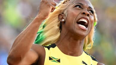 Jamaica's Shelly-Ann Fraser-Pryce celebrates after winning the women's 100m final during the World Athletics Championships at Hayward Field in Eugene, Oregon on July 17, 2022.