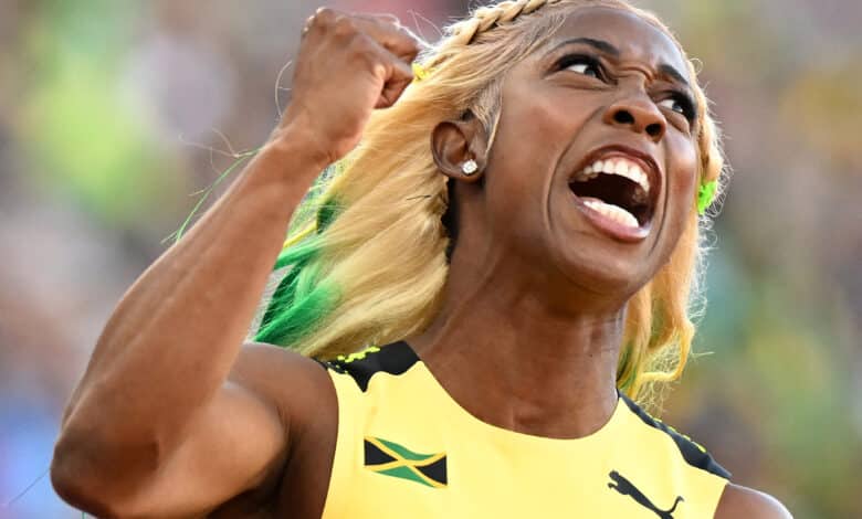Jamaica's Shelly-Ann Fraser-Pryce celebrates after winning the women's 100m final during the World Athletics Championships at Hayward Field in Eugene, Oregon on July 17, 2022.