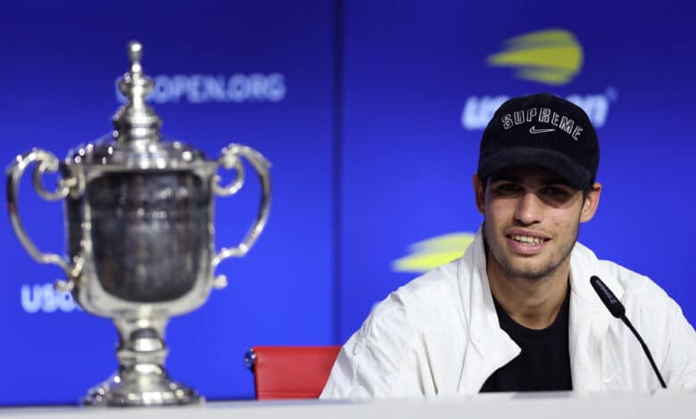 NEW YORK, NEW YORK - SEPTEMBER 11: Carlos Alcaraz of Spain during a news conference after defeating Casper Ruud of Norway during their Men’s Singles Final match on Day Fourteen of the 2022 US Open at USTA Billie Jean King National Tennis Center on September 11, 2022 in the Flushing neighborhood of the Queens borough of New York City.