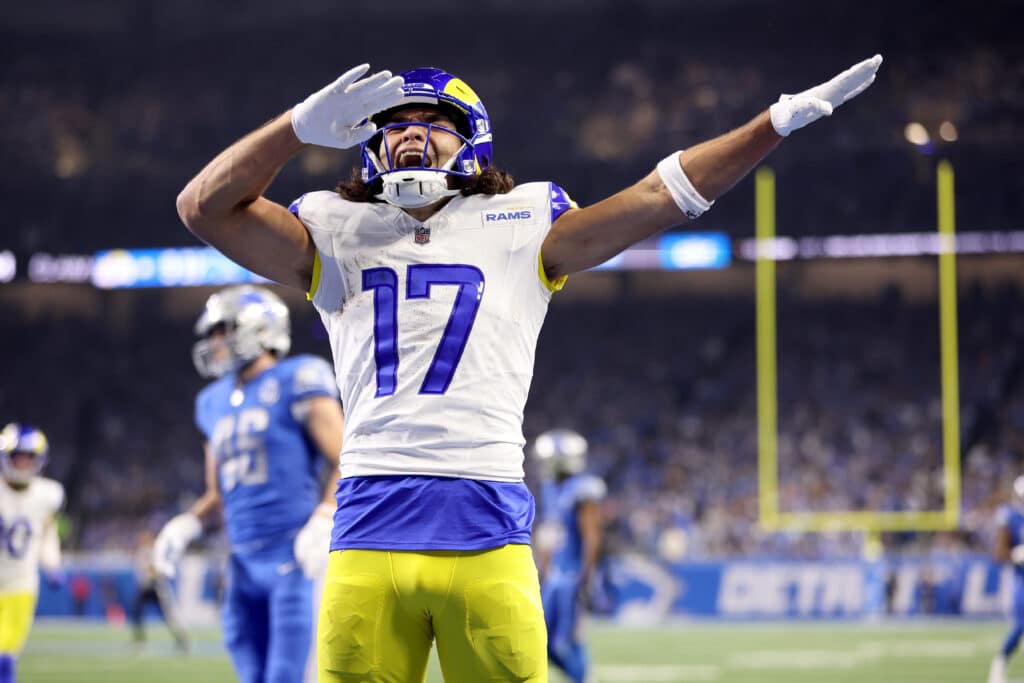 DETROIT, MICHIGAN - JANUARY 14: Puka Nacua #17 of the Los Angeles Rams celebrates after scoring a touchdown during the second quarter against the Detroit Lions in the NFC Wild Card Playoffs at Ford Field on January 14, 2024 in Detroit, Michigan.