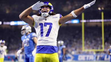 DETROIT, MICHIGAN - JANUARY 14: Puka Nacua #17 of the Los Angeles Rams celebrates after scoring a touchdown during the second quarter against the Detroit Lions in the NFC Wild Card Playoffs at Ford Field on January 14, 2024 in Detroit, Michigan.