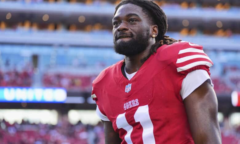 SANTA CLARA, CA - JANUARY 28: Brandon Aiyuk #11 of the San Francisco 49ers warms up before kickoff against the Detroit Lions during the NFC Championship football game at Levi's Stadium on January 28, 2024 in Santa Clara, California.