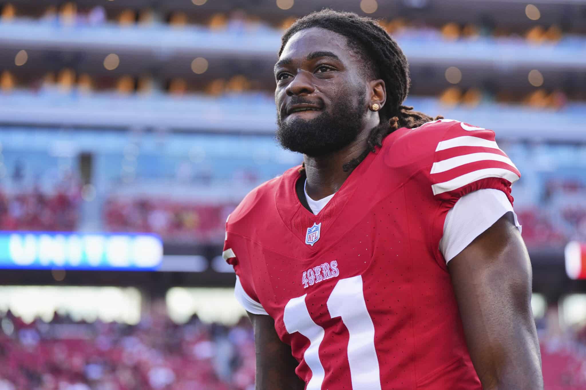 SANTA CLARA, CA - JANUARY 28: Brandon Aiyuk #11 of the San Francisco 49ers warms up before kickoff against the Detroit Lions during the NFC Championship football game at Levi's Stadium on January 28, 2024 in Santa Clara, California.