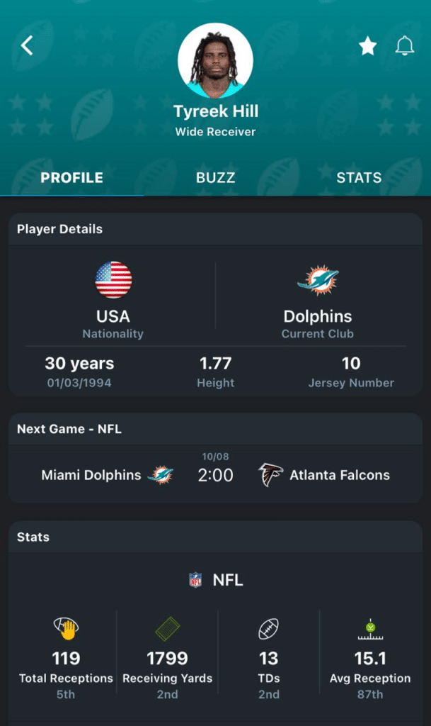 Tyreek Hill's of the Miami Dolphins Profile on the 365Scores App