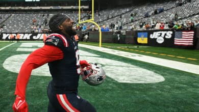 EAST RUTHERFORD, NJ - SEPTEMBER 24: Matthew Judon #9 of the New England Patriots runs off the field following the game against the New York Jets at MetLife Stadium on September 24, 2023 in East Rutherford, New Jersey.