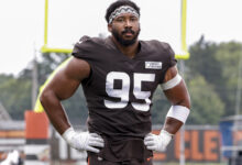 BEREA, OH - AUGUST 05: Defensive End Myles Garrett #95 of the Cleveland Browns practices drills during Training Camp at their CrossCountry Mortgage Campus on August 5, 2024 in Berea, Ohio.