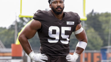 BEREA, OH - AUGUST 05: Defensive End Myles Garrett #95 of the Cleveland Browns practices drills during Training Camp at their CrossCountry Mortgage Campus on August 5, 2024 in Berea, Ohio.