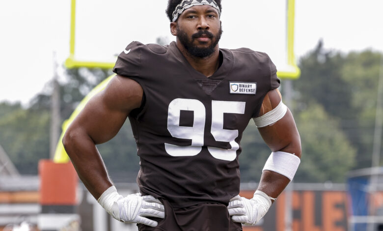 BEREA, OH - AUGUST 05: Defensive End Myles Garrett #95 of the Cleveland Browns practices drills during Training Camp at their CrossCountry Mortgage Campus on August 5, 2024 in Berea, Ohio.