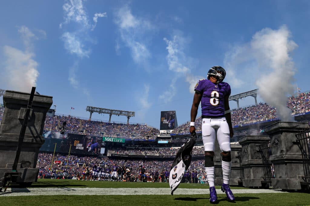 Lamar Jackson of the Baltimore Ravens takes the field
